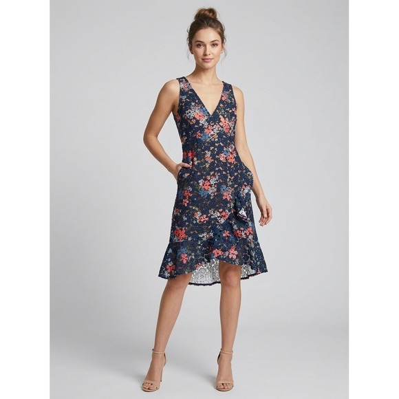 Michael Michael Kors Navy Floral Lace High Low Ruffle V-Neck Dress Size 00